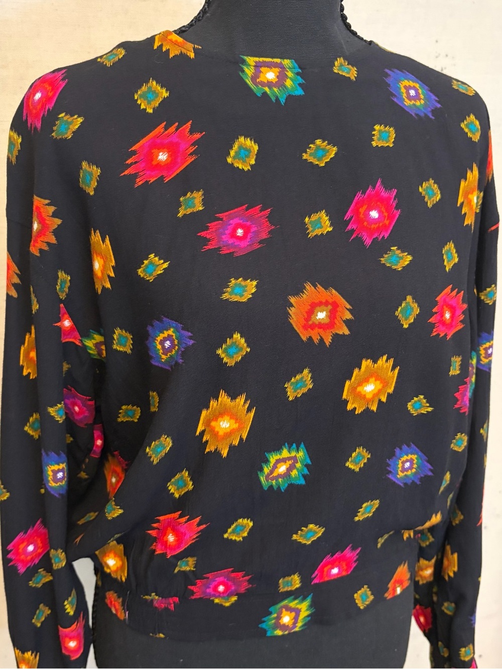 Vintage Chaus Black Crewneck Blouse with Colorful Aztec Pattern, Size 10 (4-6)